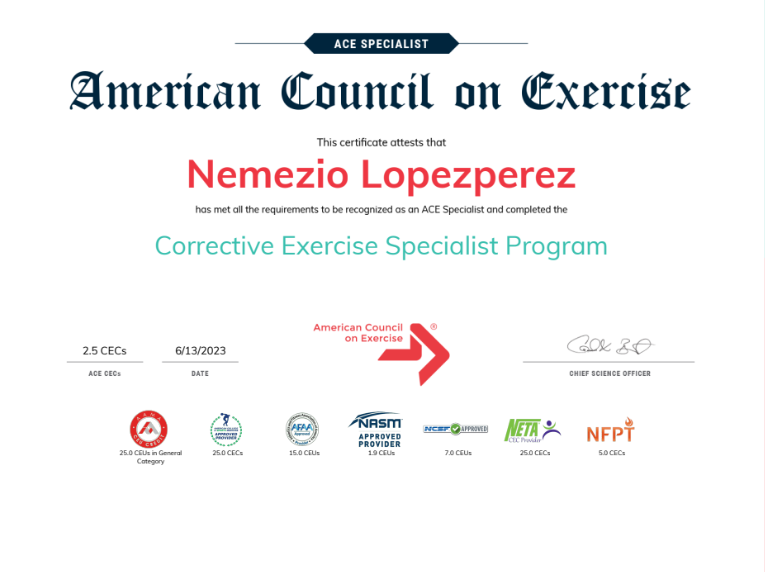 ACE Corrective Exercise Specialist Program certificate awarded to Nemezio Lopezperez, June 13, 2023