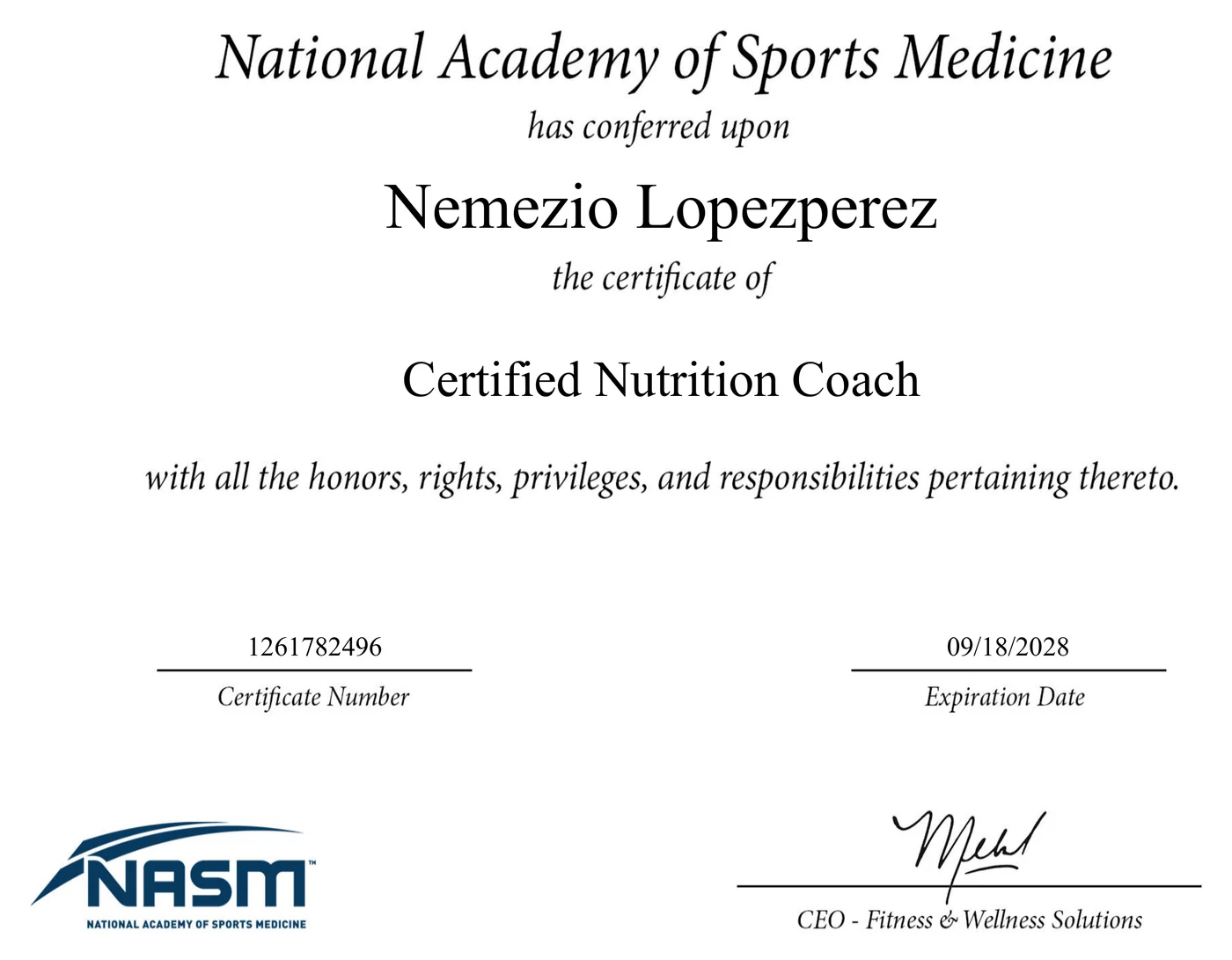 NASM Certified Nutrition Coach certificate awarded to Nemezio Lopezperez, certificate number 1261782496, expires September 18, 2028