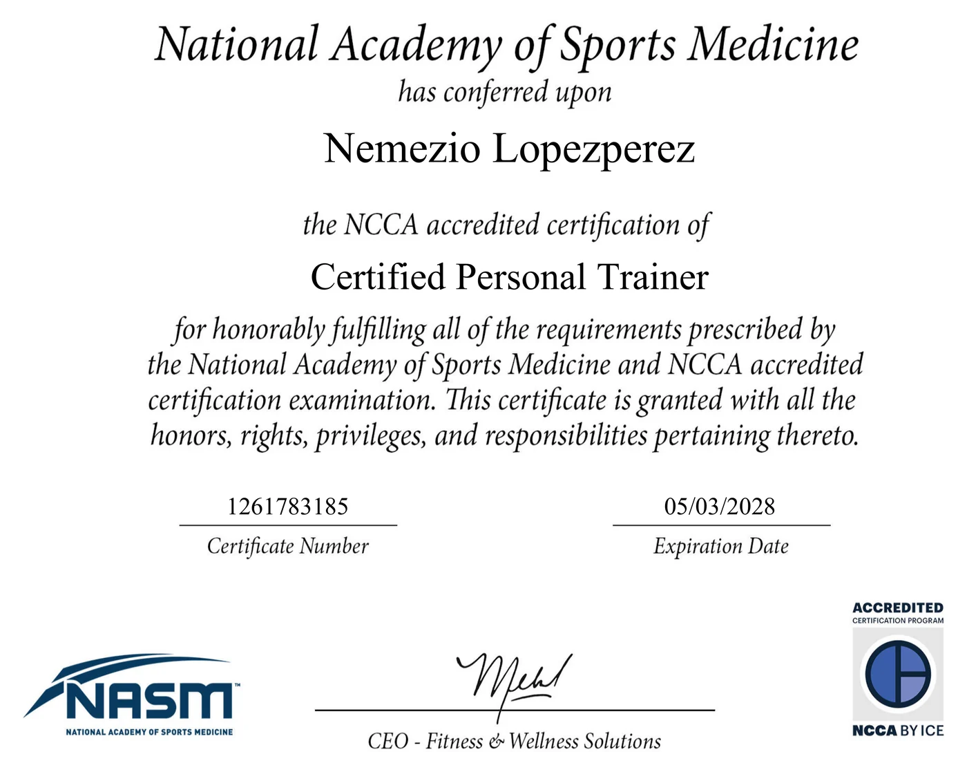 NASM Certified Personal Trainer certificate awarded to Nemezio Lopezperez, certificate number 1261783185, expires May 3, 2028